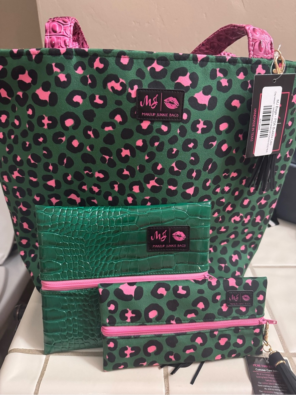 Makeup Junkie Custom Kelly Green Leopard Daykeeper Tote Set